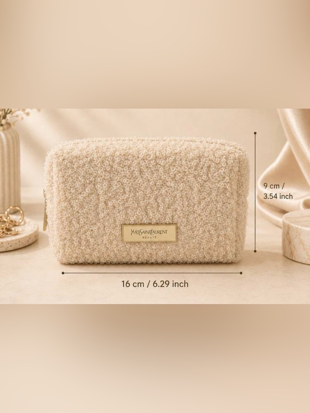 Yves Saint Laurent Cream Bouclé Cosmetic Case with Gold Plaque